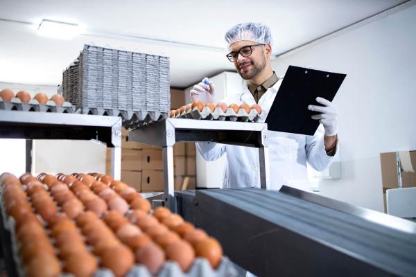 a man in a lab coat holding a clipboard and pen, checking the quality of eggs